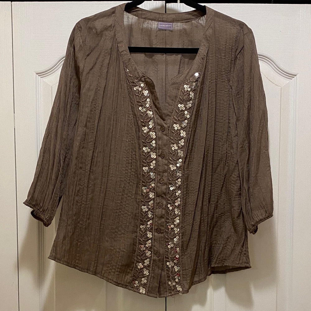 Laura Scott Brown Blouse with Floral Embellishments